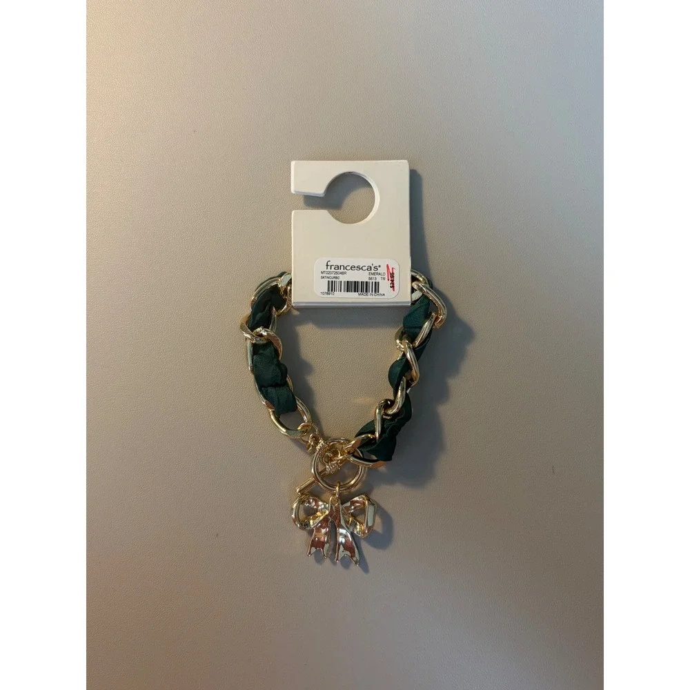 Francesca's Emerald Green Satin Ribbon Gold Chain Rhinestone Bow Bracelet NEW‎
